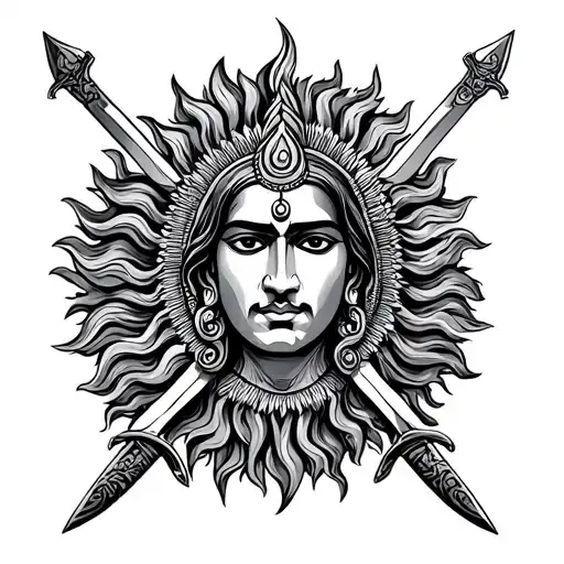 Rajputana Sun God Surya with two curved talwar swords crossed behind tattoo design idea