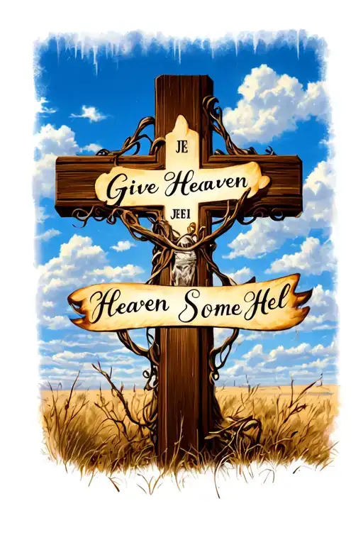 western sky background with a cross and in script writing the words Give Heaven Some Hell and JE1 inside the cross tattoo design idea