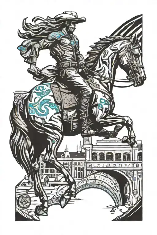 denver airport bronco statue full body black and grey with a turquoise eye tattoo design idea