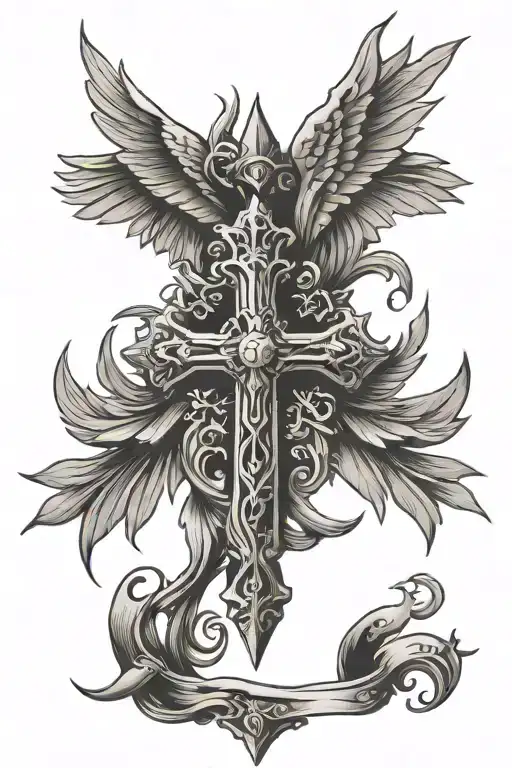 Cross with angle wing with a thorn crown on it  tattoo design idea