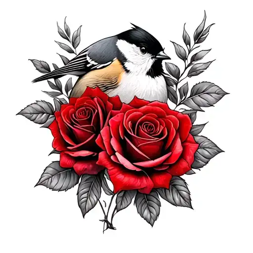 traditional style tattoo sketch, titmice and red roses tattoo design idea