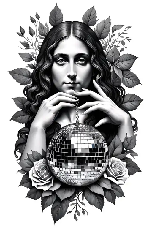 da vinci type face with fingers touching and a disco ball with leaves and roses tattoo design idea