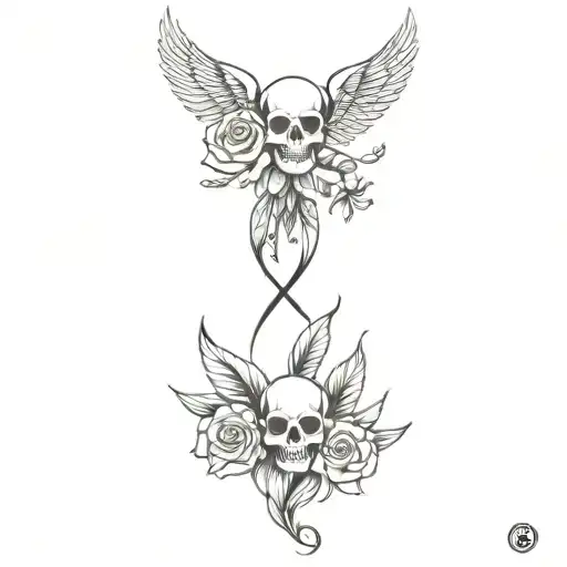 skulls and roses on phoenix tattoo design idea