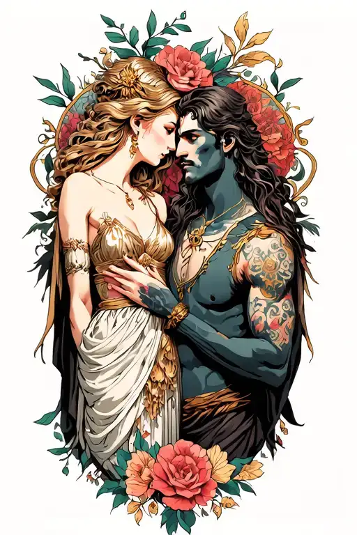 persephone (female) and hades (male) in love tattoo design idea