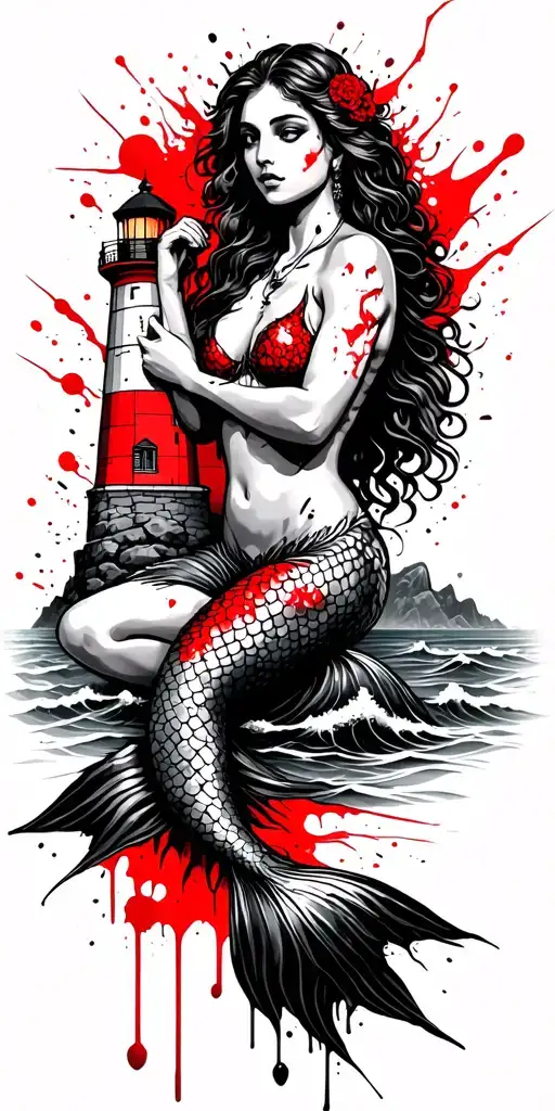  mermaid sitting on a rock and and lighthouse over looking the ocean tattoo design idea