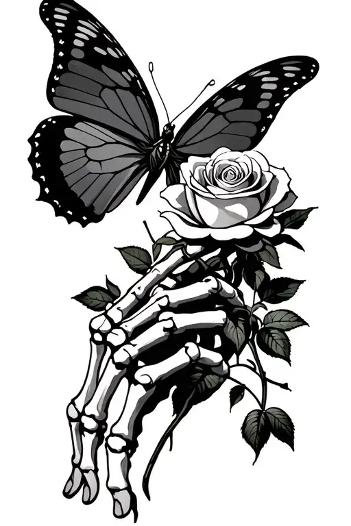 butterfly resting on rose, rose being held by skeleton hand, hand and rose wrapped in barbed wire tattoo design idea