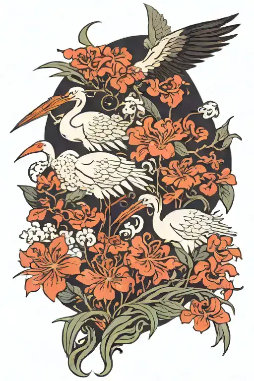 lycoris and storks in Japanese style tattoo design idea