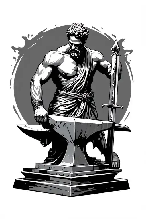 Hephaestus statue working on sword on anvil tattoo design idea