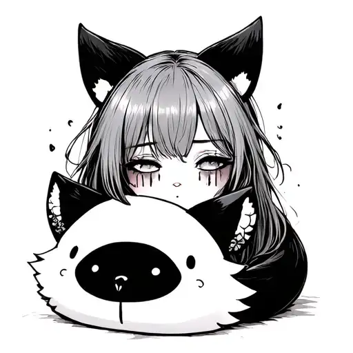 a depressed girl with leaking mascara on her eyes hugs a plush shaped like a fox tattoo design idea