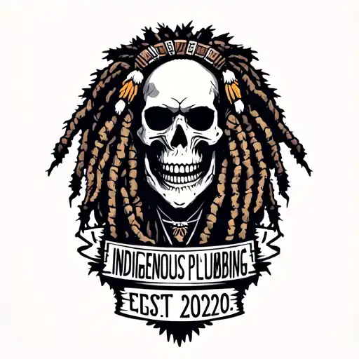 "INDIGENOUS PLUMBING EST.2020" skull dreadlock Native American warrior fixing a toilet tattoo design idea