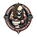 "INDIGENOUS PLUMBING EST.2020" skull dreadlock Native American warrior fixing a toilet tattoo design idea