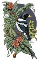 magpie holding fern leaf tattoo design idea