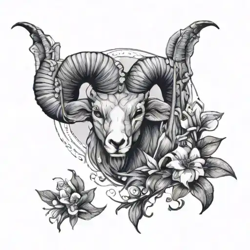 ram in a nature, 2 fish in river (Pisces), lily of the valley flowers, scorpion, Sagittarius stars, purple butterfly tattoo design idea