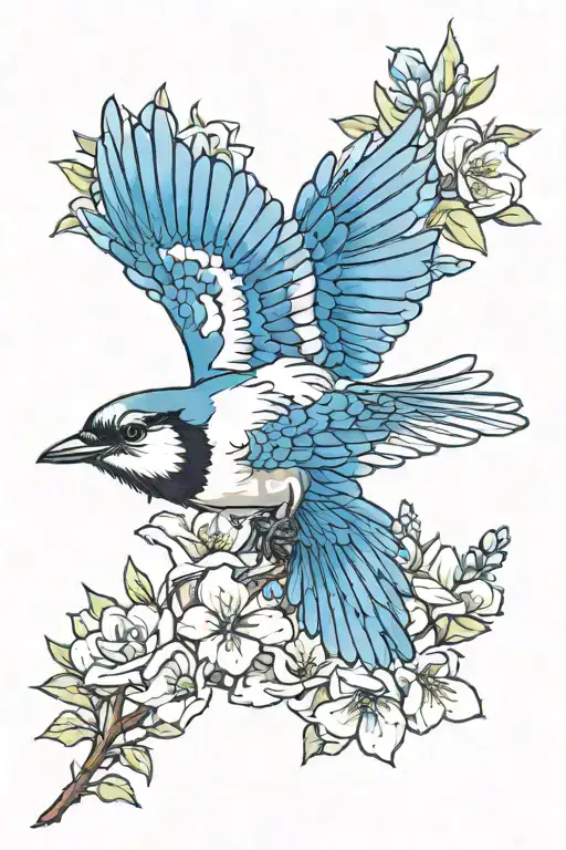 blue jay bird flying, larkspur flower tattoo design idea