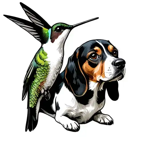 hummingbird and beagle hound dog in black tattoo design idea
