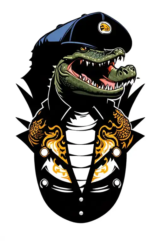 Muscular alligator wearing Navy ball cap and coveralls. Alligator has shellback and golden dragon tattoos. tattoo design idea