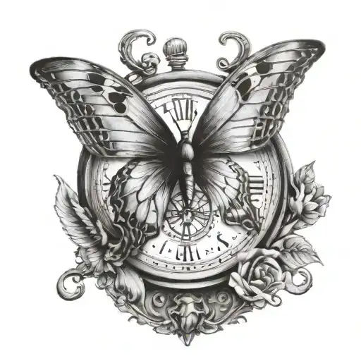 butterfly with clock tattoo design idea
