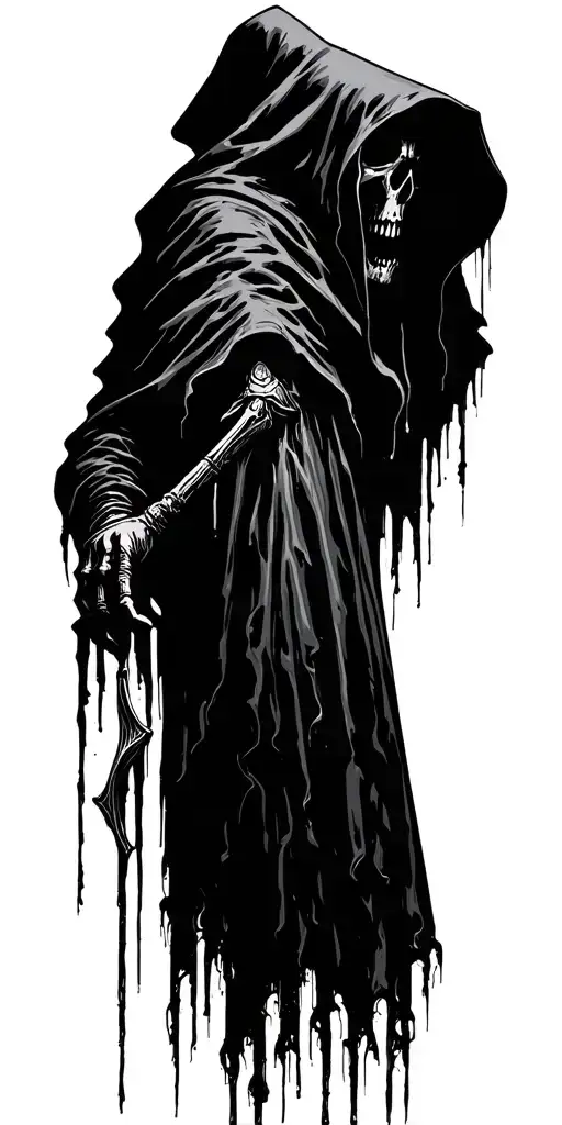 Hooded reaper Silhouette and death and shadow, majestic, terrifying, dark, goth, very grungy, evil tattoo design idea