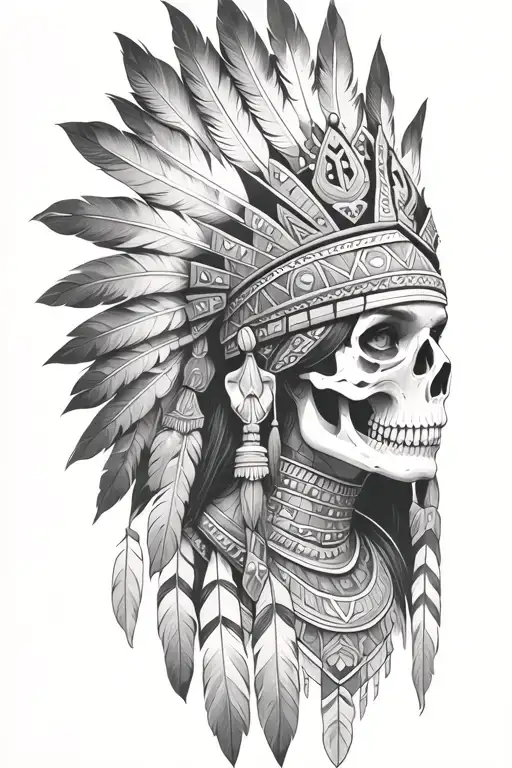 aztec warrior girl, skeletal fierce face, crown skull, geometric patterns feathers , spirituality, afterlife, death tattoo design idea