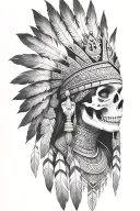 aztec warrior girl, skeletal fierce face, crown skull, geometric patterns feathers , spirituality, afterlife, death tattoo design idea