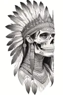 aztec warrior girl, skeletal fierce face, crown skull, geometric patterns feathers , spirituality, afterlife, death tattoo design idea