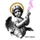 "Fuck Cancer" hyperrealistic cherub angel with halo, middle finger up saying fuck cancer lightning  tattoo design idea
