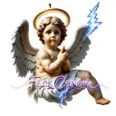 "Fuck Cancer" hyperrealistic cherub angel with halo, middle finger up saying fuck cancer lightning  tattoo design idea