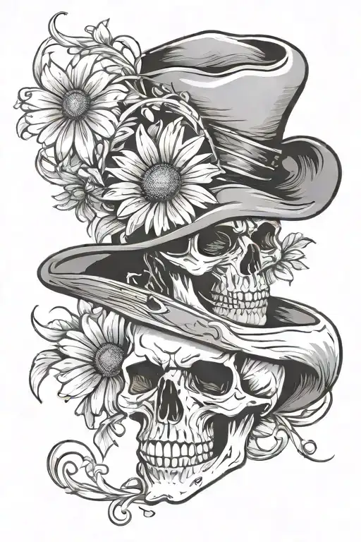 Skull wearing a cowboy hat, with a daisy on it. Diamond eye  tattoo design idea