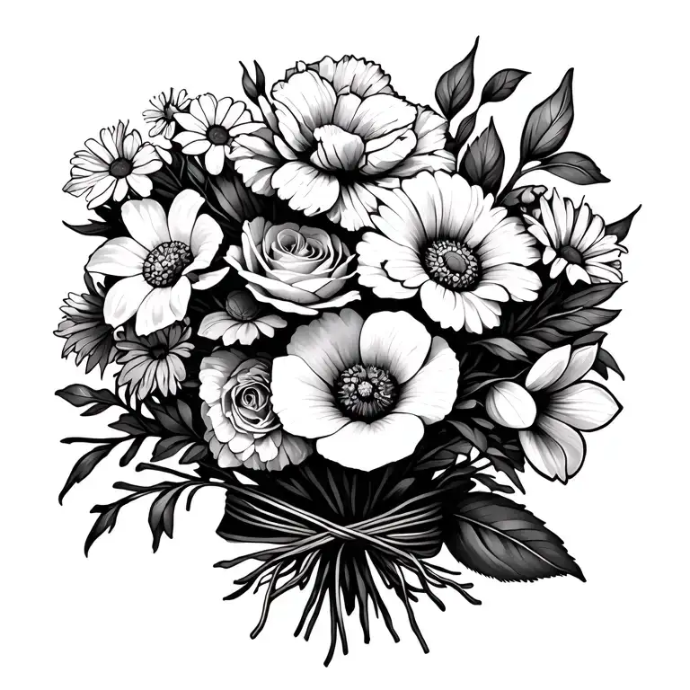 fine line bouquet of flowers include daffodil daisy lily rose poppy morning glory peony narcissus tied with string  tattoo design idea