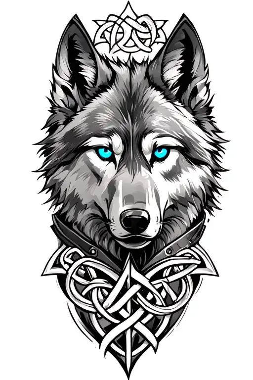 wolf with blue eyes on armor tattoo design featuring Celtic trinity knot  tattoo design idea