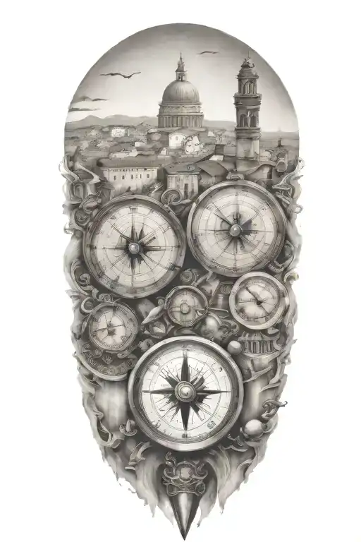 edges that fade softly, featuring italian and greek inspired buildings and landscape, airplane, one compass  tattoo design idea