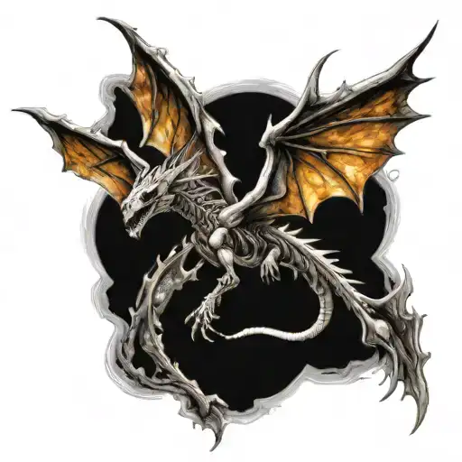 skeletal dragon flying and breathing fire tattoo design idea