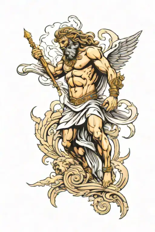 Greek mythology leg sleeve tattoo, at the top I want Zeus embellished in the clouds with a lightning bolt in his right  tattoo design idea