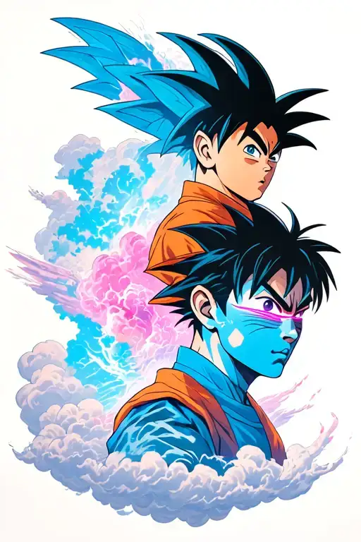 Goku and kid gohan on a flying numbus cloud at the top, agent k from bladerunner 2049 face in pink and blue hue at 3/4  tattoo design idea