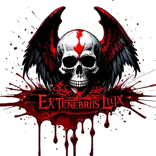 blood angels blood drop with a warhammer 40k skull on top of it with wings attached. it says Ex Tenebris Lux below it tattoo design idea