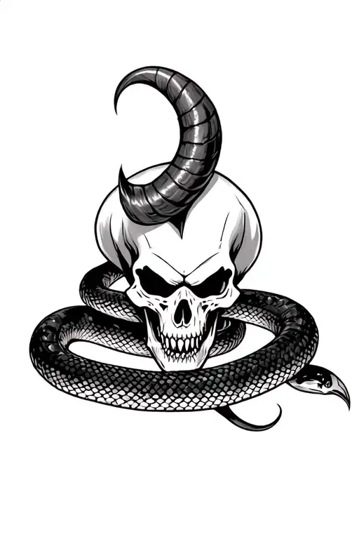 demonic skull with large horns entangled by a detailed snake, sharp fangs, angry expression, black and white tattoo desi tattoo design idea