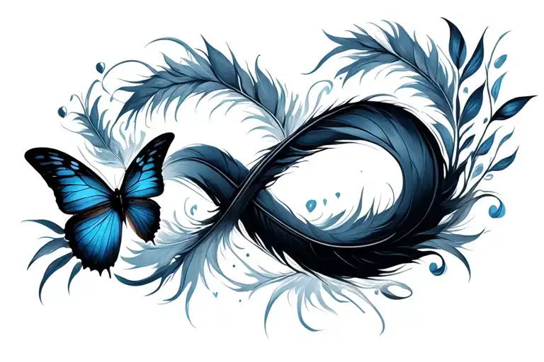 Black Infinity sign with a dark blue feather and butterfly. tattoo design idea
