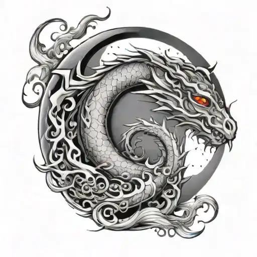 crescent moon with dragon wrapped around the moon and incorporate flowing waves along the base of the crescent moon, ble tattoo design idea