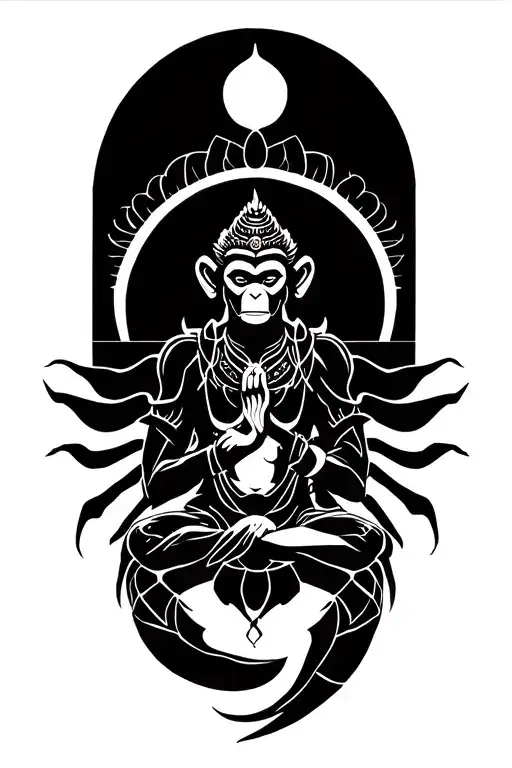 Meditating Monkey King with Scorpion armor and tail wiht Buddah like scorpion arms on back  tattoo design idea