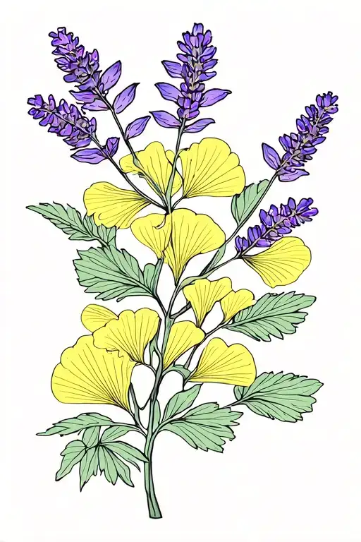 lavender and yellow acacia flowers with gingko leaves tattoo design idea