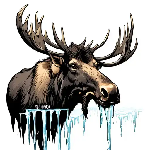  moose sideways, icicle stabbed in its head, the icicle has the name Kyle Morrison  tattoo design idea