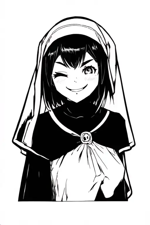 Anime girl with an aggressive smile winks with one eye in the guise of a nun tattoo design idea