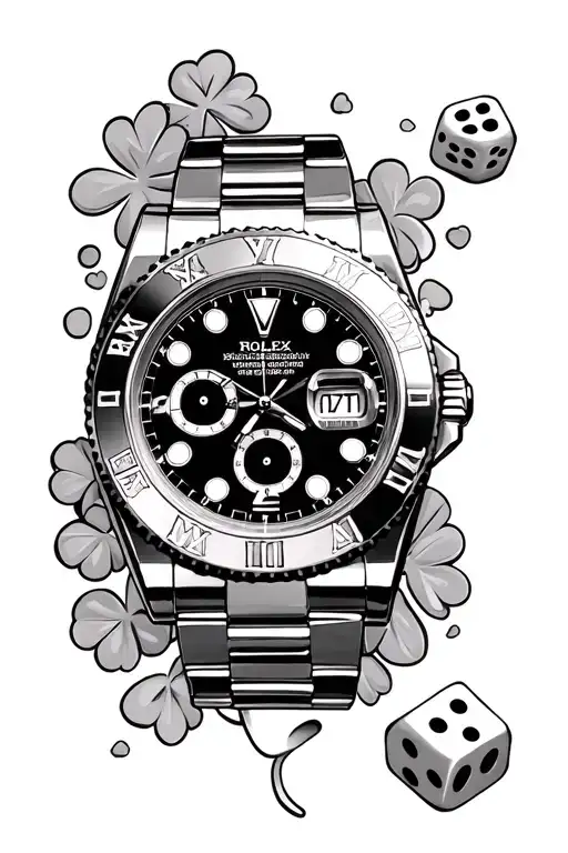 gangsta style, rolex watch, dice, 777 lotery, lucky clover tattoo design idea