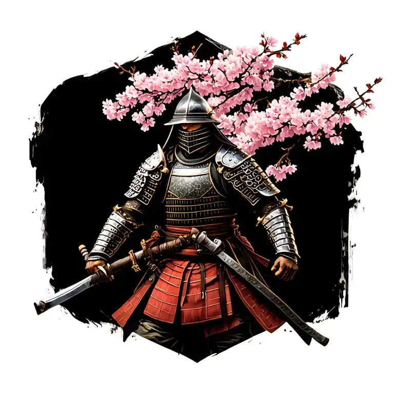 cherry blossom tree with samurai in armor around it  tattoo design idea