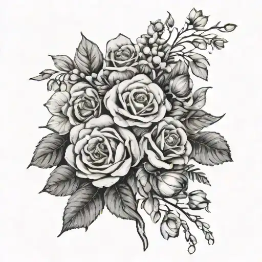 bouquet of roses, wild flowers, pansies, and lilacs  tattoo design idea