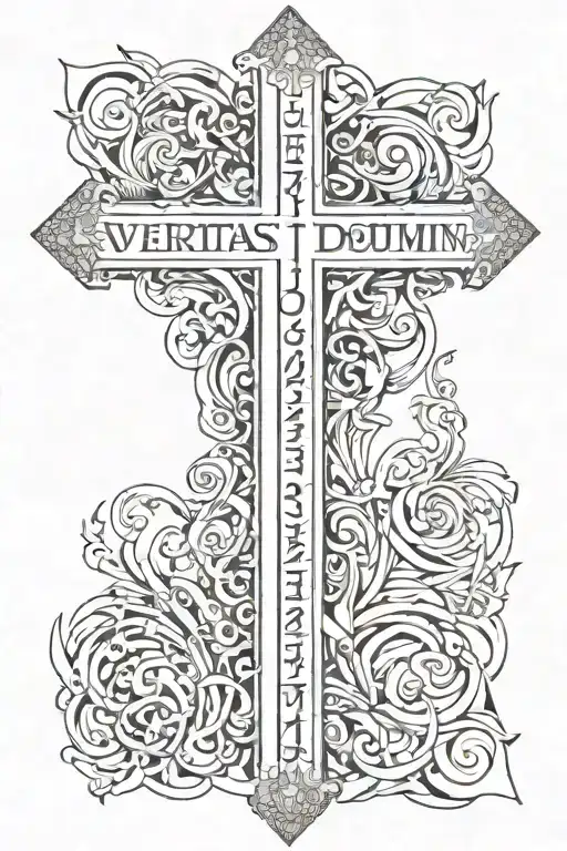 a cross made of the words Veritas Domini manet in aeternum tattoo design idea