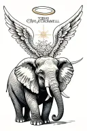 "Tobias Jay Cromwell" Create a tattoo of an elephant with its trunk to the sky, a halo above the head, and angel wings tattoo design idea