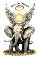 "Tobias Jay Cromwell" Create a tattoo of an elephant with its trunk to the sky, a halo above the head, and angel wings tattoo design idea