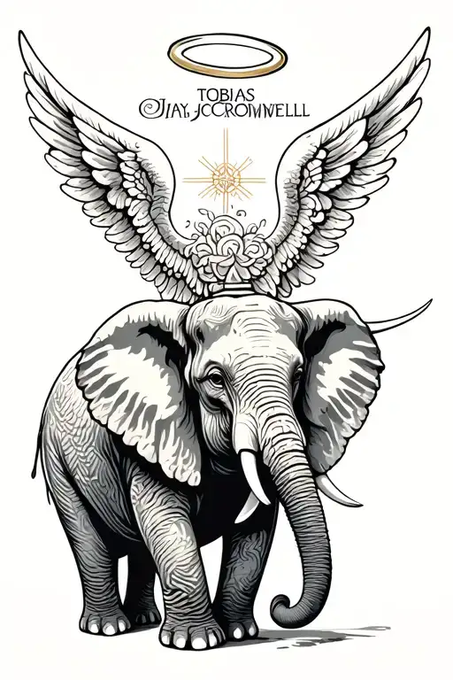 "Tobias Jay Cromwell" Create a tattoo of an elephant with its trunk to the sky, a halo above the head, and angel wings tattoo design idea