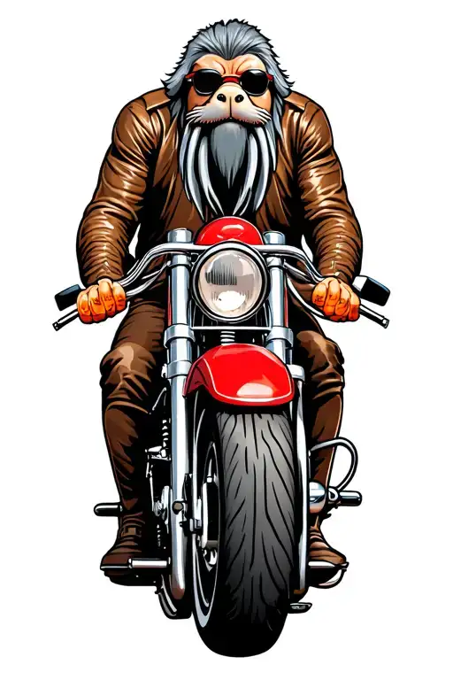 create an image of a male walrus biker wear leathers, sunglasses with along grey goatee riding a red harley ultra limite tattoo design idea